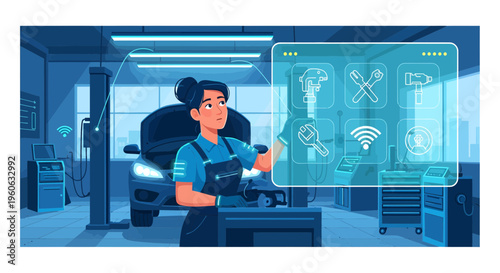Female mechanic interacting with futuristic holographic diagnostic interface.