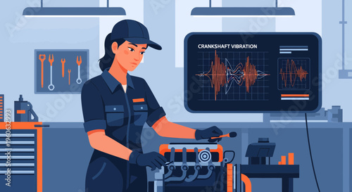 Female Mechanic Inspecting Engine with Diagnostic Screen.