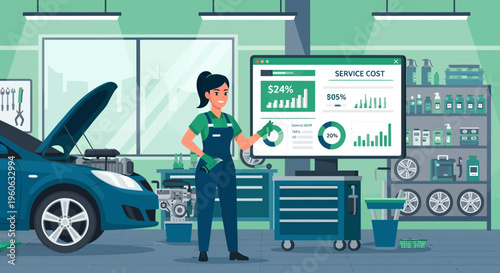 Female Mechanic Inspecting Car Service Data on Screen.