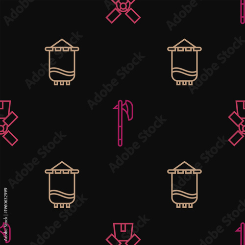 Set line Windmill, Medieval flag and axe on seamless pattern. Vector