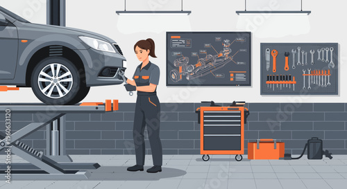 Female mechanic working on car in garage.
