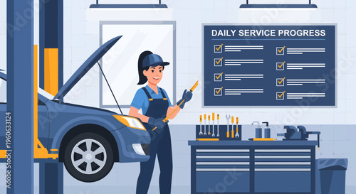 Female Mechanic Working on Car in Auto Repair Shop.