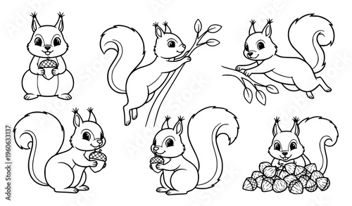 set of funny animals Cute Cartoon Squirrels Line Art Forest Animal Vector Set