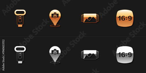 Set Photo camera flash, frame and 16 icon. Vector
