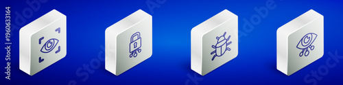 Set Isometric line Eye scan, Cyber security, System bug and icon. Vector