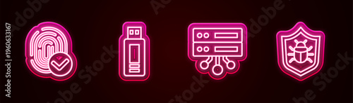 Set line Fingerprint, USB flash drive, Server, Data, Web Hosting and System bug. Glowing neon icon. Vector