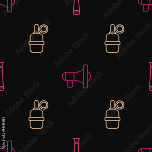 Set line Police rubber baton, Hand grenade and Megaphone on seamless pattern. Vector