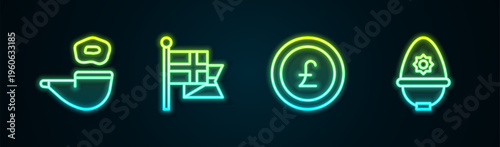 Set line Smoking pipe, England flag on flagpole, Coin money with pound and British police helmet. Glowing neon icon. Vector