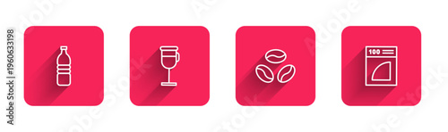 Set line Bottle of water, Irish coffee, Coffee beans and paper filter with long shadow. Red square button. Vector