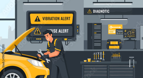 Mechanic Inspecting Car Engine with Diagnostic Alert.