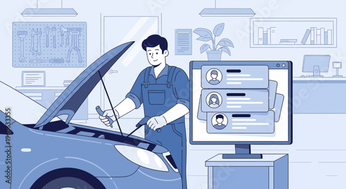 Mechanic Inspecting Car Engine with Digital Interface.