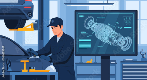 Mechanic Inspecting Car Engine with Digital Display.
