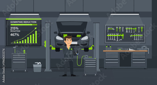 Mechanic Inspecting Car in Modern Auto Repair Shop 1.