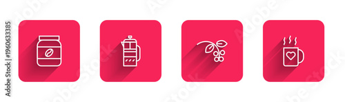 Set line Coffee jar bottle, French press, bean, branch and cup and heart with long shadow. Red square button. Vector
