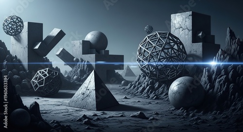 Geometric Shapes in Surreal Landscape with Lens Flare.