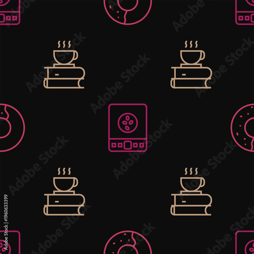 Set line Donut with sweet glaze, Coffee cup and book and Electronic coffee scales on seamless pattern. Vector