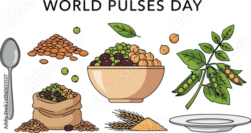Celebrating World Pulses Day with a vibrant collection of legumes, grains, and a spoon illustration