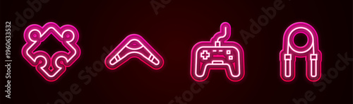 Set line Puzzle pieces toy, Boomerang, Gamepad and Jump rope. Glowing neon icon. Vector