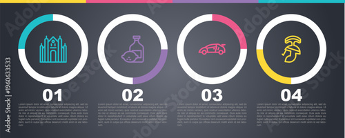 Set line Milan Cathedral, Limoncello bottle, Sport racing car and Roman army helmet. Business infographic template. Vector