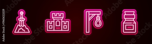 Set line Sword in the stone, Castle, fortress, Gallows and Poison bottle. Glowing neon icon. Vector