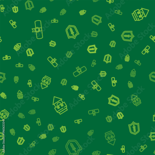 Set line Decree, parchment, scroll, Castle tower and Medieval shield with sword on seamless pattern. Vector