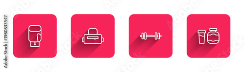 Set line Boxing glove, Sport bag, Barbell and Sports nutrition with long shadow. Red square button. Vector