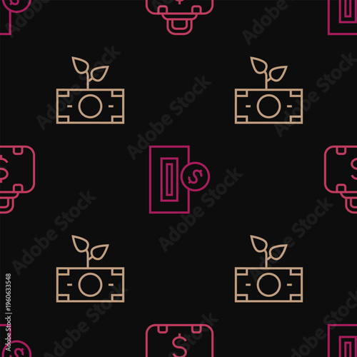 Set line Briefcase and money, Money plant in the pot and Inserting coin on seamless pattern. Vector
