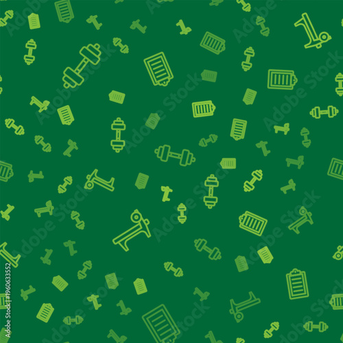 Set line Dumbbell, Bench with barbel and Sport training program on seamless pattern. Vector