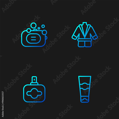 Set line Tube of toothpaste, Perfume, Bar soap and Bathrobe. Gradient color icons. Vector