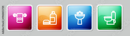 Set line Towel on a hanger, Bottle of shampoo, Washbasin with water tap and Toilet bowl. Colorful square button. Vector