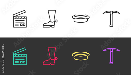 Set line Movie clapper, Cowboy boot, Hotdog sandwich and Pickaxe on black and white. Vector