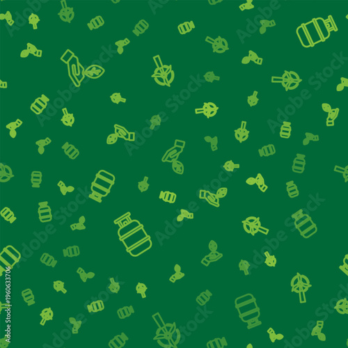 Set line Plant in hand, Propane gas tank and Wind turbine on seamless pattern. Vector