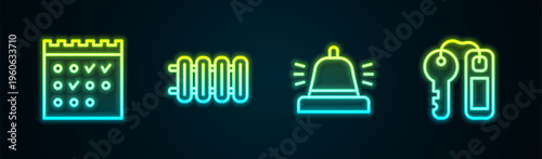 Set line Hotel booking calendar, Heating radiator, service bell and door lock key. Glowing neon icon. Vector