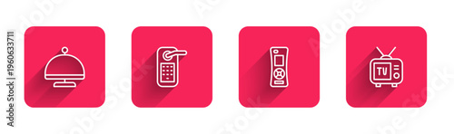 Set line Covered with tray, Digital door lock, Remote control and Retro tv with long shadow. Red square button. Vector