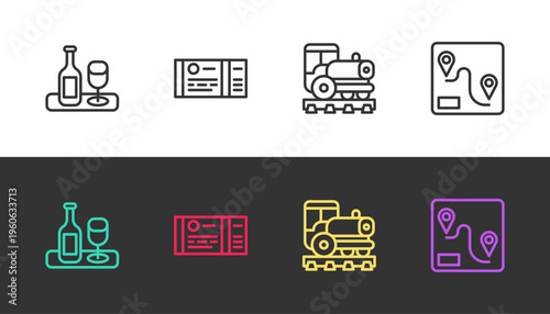 Set line Wine bottle with glass, Train ticket, Vintage locomotive and Route location on black and white. Vector