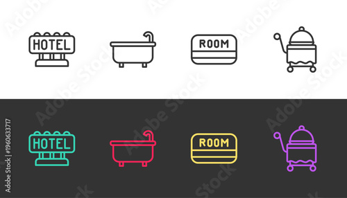 Set line Signboard with text Hotel, Bathtub, key card and Covered tray on black and white. Vector