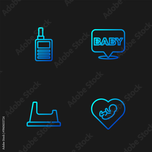 Set line Baby inside heart, potty, Monitor Walkie Talkie and . Gradient color icons. Vector