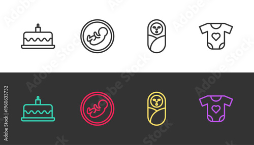 Set line Cake with burning candles, Baby, Newborn baby infant swaddled and clothes on black and white. Vector
