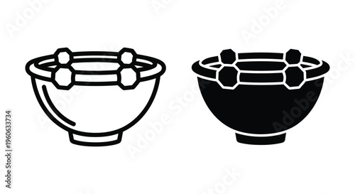 Set of bowl icons with decorative elements, line and solid vector illustration