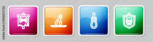 Set line Pirate flag, Bottle with message in water, Gallows rope loop hanging and Shield pirate skull. Colorful square button. Vector
