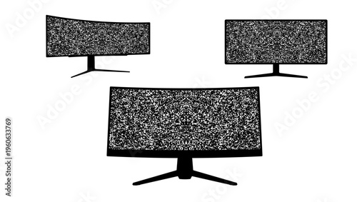 Ultra widescreen computer monitor with white noise, black isolated silhouette