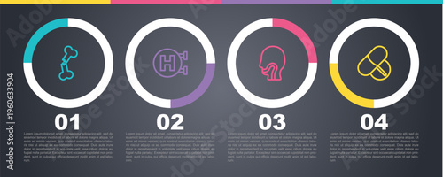 Set line Human broken bone, Hospital signboard, Sore throat and Medicine pill tablet. Business infographic template. Vector