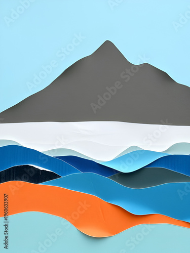 Cut paper collage of a sea with mountain behind.