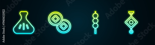 Set line Dumpling, Chinese Yuan currency, Meatballs on wooden stick and paper lantern. Glowing neon icon. Vector