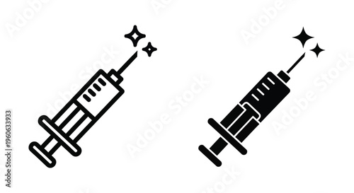 Set of syringe icons with sparkle effect, medical injection symbol