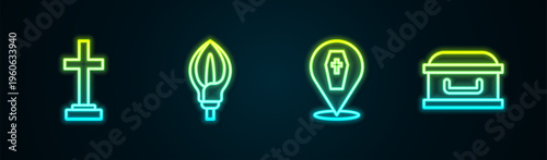 Set line Grave with cross, Lily flower, Coffin and . Glowing neon icon. Vector