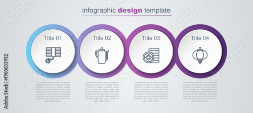 Set line Firework, Chinese tea ceremony, Yuan currency and paper lantern. Business infographic template. Vector