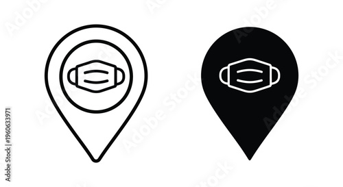 Map pointer icon with medical face mask, location of pharmacy or hospital