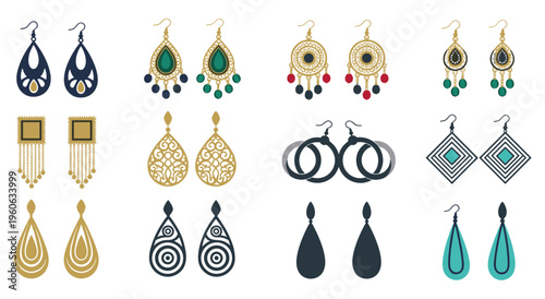 Collection of dangling earrings with teardrop shapes and geometric patterns