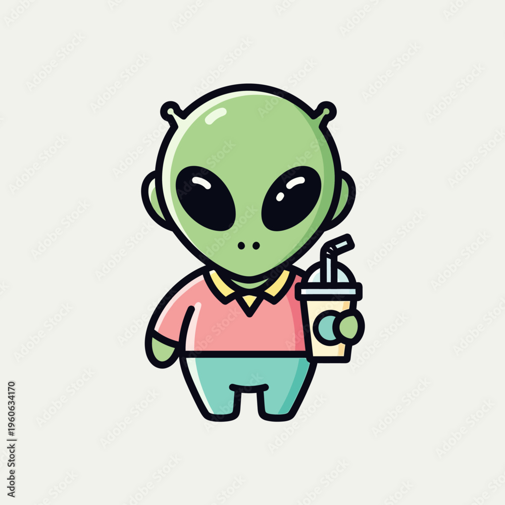 Obraz premium Cute cartoon alien holding a drink, kawaii style, funny extraterrestrial character